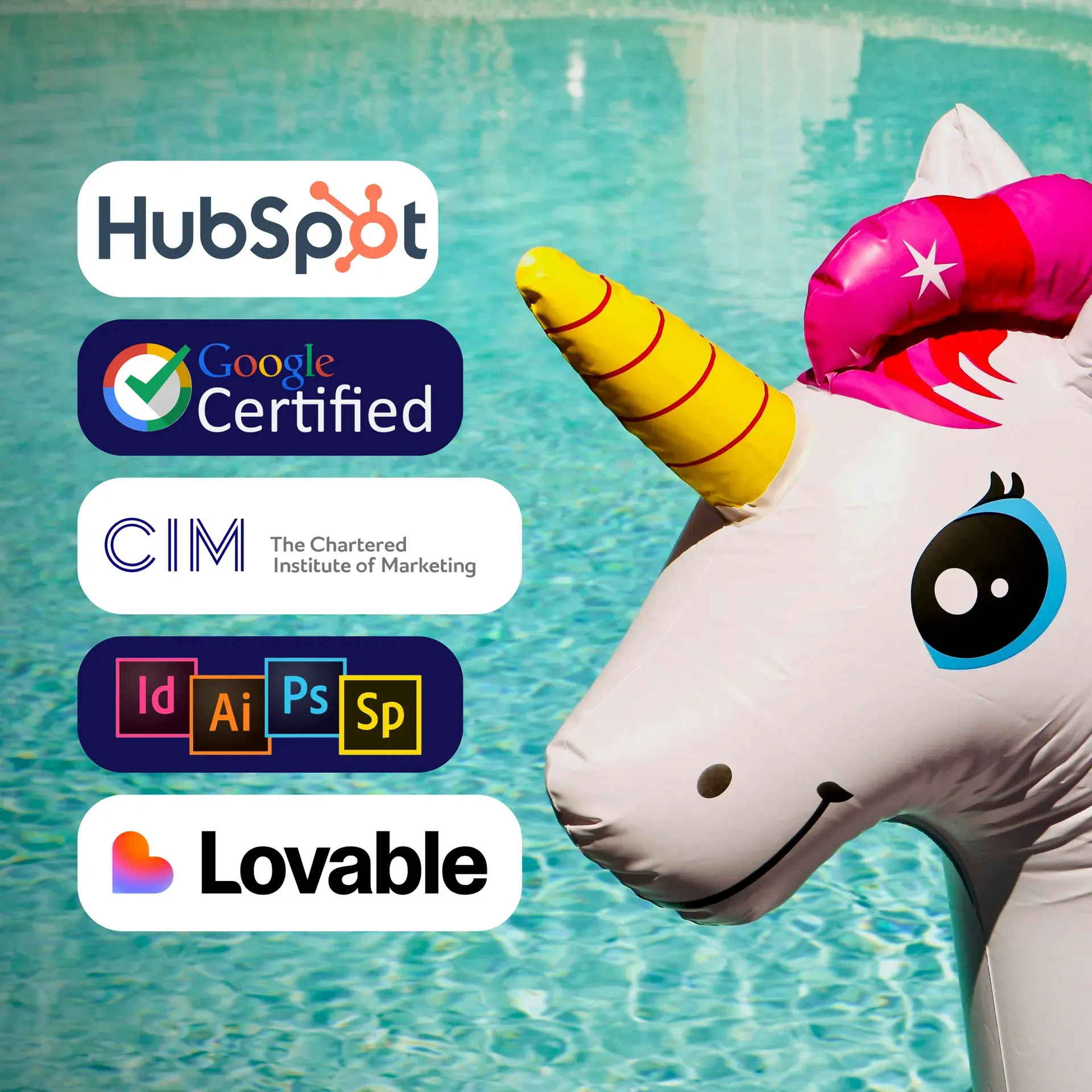 Marketing unicorn badges: HubSpot, Google Certified, CIM, Adobe and Lovable